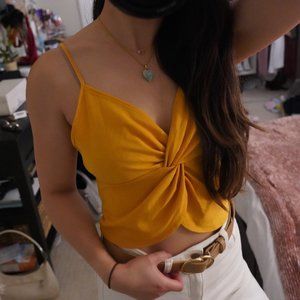 Zara Yellow Ruched Crop Tank Top